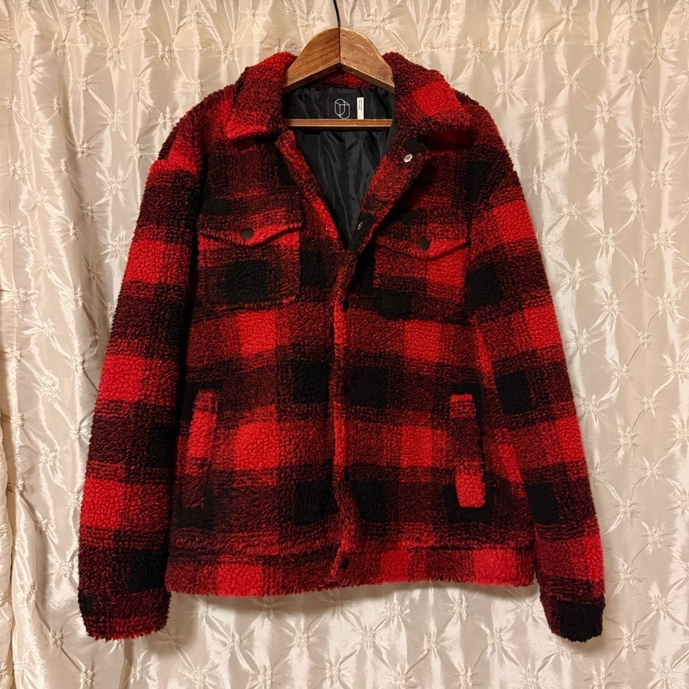 Original Use Men's Red & Black Buffalo Plaid Sherpa Fleece Shacket Jacket